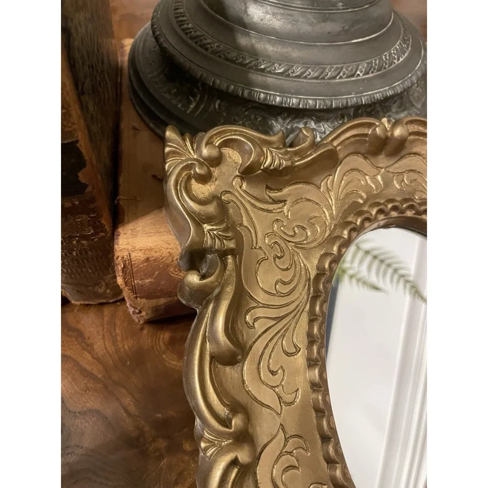Vtg Ornate Gold Hollywood Regency Scroll Etched Design Resin Wall Mirror 7.5x9